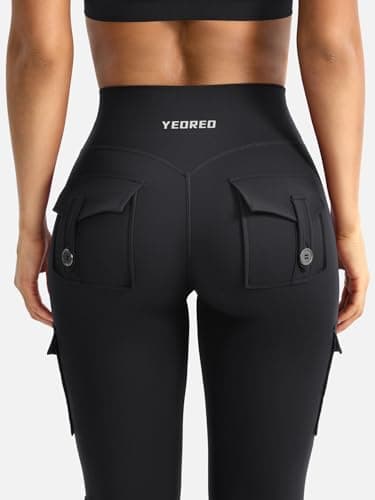 YEOREO CoreFlex Women Workout Flare Leggings with Pockets Hidden Scrunch High Waisted Cargo Gym Yoga Leggings Black XL — view 2