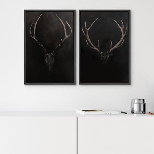 SIGNWIN Framed Canvas Print Wall Art Rustic Antler Skull Dark Dramatic Black Vintage-Inspired Deer and Elk Antlers Illustrations Decorative for Living Room, Bedroom, Office - 24"x36"x2 Black — view 3