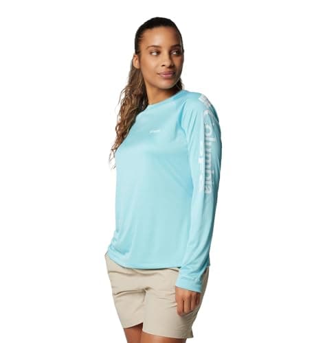 Columbia Womens PFG Tidal Tee II Long Sleeve Sun Protection Shirt, Clear Blue/White Logo, Medium — view 3
