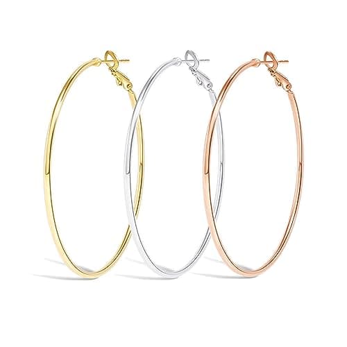 Cocadant 3 Pairs 50mm Big Gold Hoop Earrings for Women,Stainless Steel Big Hoop Earrings 14K Gold Plated Silver Hypoallergenic Hoops set