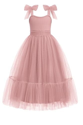 Arshiner Girls Dresses Summer Sleeveless Bow-Tie Straps Birthday Party Long Tulle Dress Pink Kids 7-8 Years