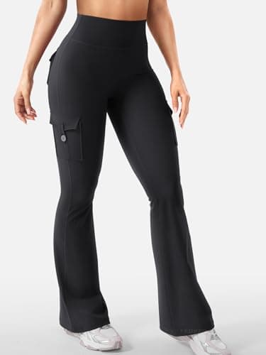 YEOREO CoreFlex Women Workout Flare Leggings with Pockets Hidden Scrunch High Waisted Cargo Gym Yoga Leggings Black XL — view 3
