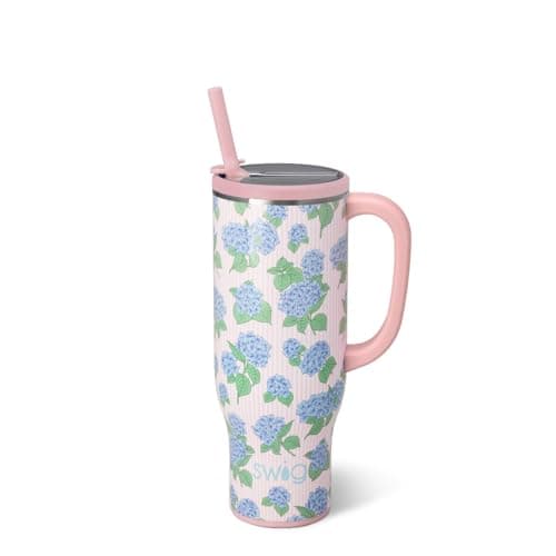 Swig Life 30oz Mega Mug, 30oz Tumbler with Handle and Straw, Large Insulated Tumblers, Cup Holder Friendly Travel Mug, Stainless Steel 30 oz Tumbler, Reusable Insulated Water Bottle (Hydrangeas)