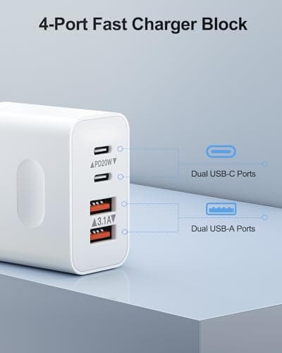 [2-Pack] USB C Wall Charger, 40W 4-Port Fast Charging Block USB C Charger Dual USBC Power Adapter + QC Wall Plug Multiport Brick Type C Block for iPhone 17 16 15 14 13 12 11 Pro Max, iPad, Samsung