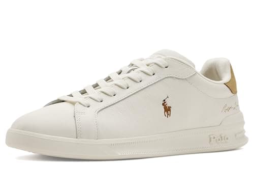 POLO RALPH LAUREN, Mens, Heritage Court II Leather Sneakers, Deckwash White/Bone, 9.5, Medium