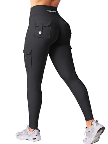 YEOREO CoreFlex Gym Workout Cargo Leggings with Pockets for Women Hidden Scrunch Compression Yoga Pants Black XS