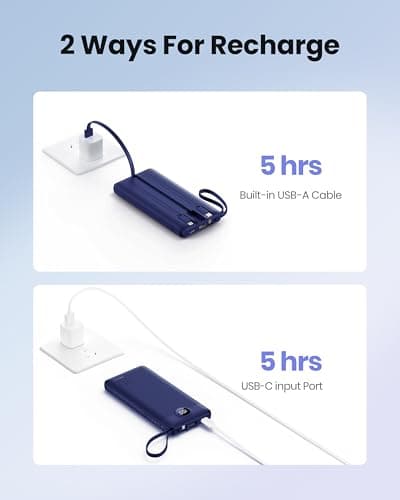 Coowisty Portable Power Bank, Compact 10000mAh Portable Charger with 4 Cables, USB C Battery Pack 5 Outputs 2 Inputs LED Display Compatible with iPhone/Android & More (Navy Blue) — view 5