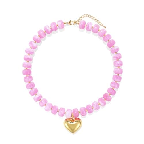 Wassazi Pink Chunky Beaded Necklace for Women, Acrylic Bead Statement Puff Heart Pendant Necklace, Cute Boho Y2K Choker Necklace for Gift Jewelry