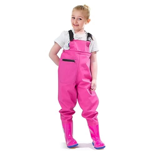 VicBre Kids Chest Waders with Non-Slip Boots, Attached System with Waterproof Trousers, Waders for Boys and Girls, Pink, 4 Little Kid