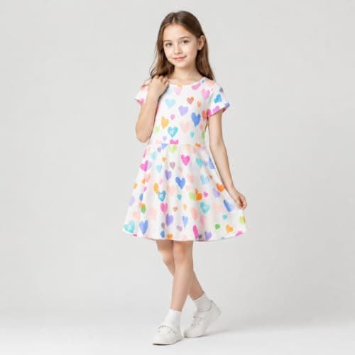 Mud Kingdom Dress for Big Girls Round Neck Short Sleeve Fashion Summer Beige Love Size 10-12