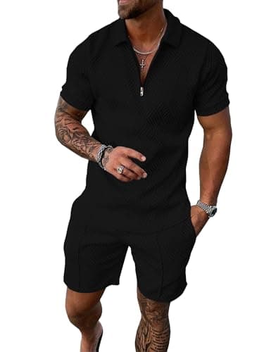 UOUA Men's 2 Piece Summer Polo & Shorts Set Quarter Zip Track Suit for Golf Lounging Casual Outfits Black XL