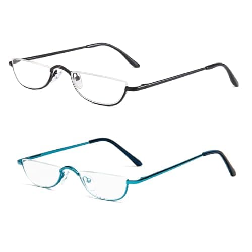 Half Reading Glasses 2 Pairs Half Rim Metal Frame Glasses Spring Hinge Readers for Men and Women, Black+Blue 2.50