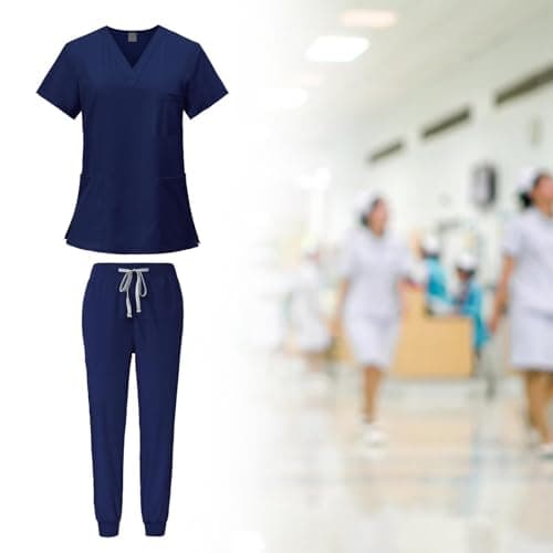 YIJU Female Scrub Set Nurse Workwear V Neckline Professional Machine Washable Top and Joggers Pant Work Clothing for Beauty Center, Navy Blue, S — view 3