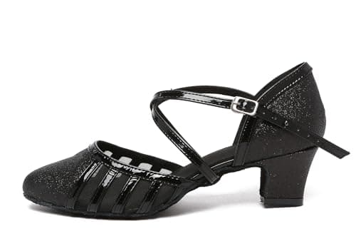 Minishion Women's T-strap Dance Heels Glitter Salsa Ballroom Shoes Wedding Party Pumps, L2043 Black 5cm Heel, 8 — view 3
