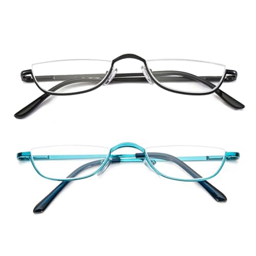 Half Reading Glasses 2 Pairs Half Rim Metal Frame Glasses Spring Hinge Readers for Men and Women, Black+Blue 2.50