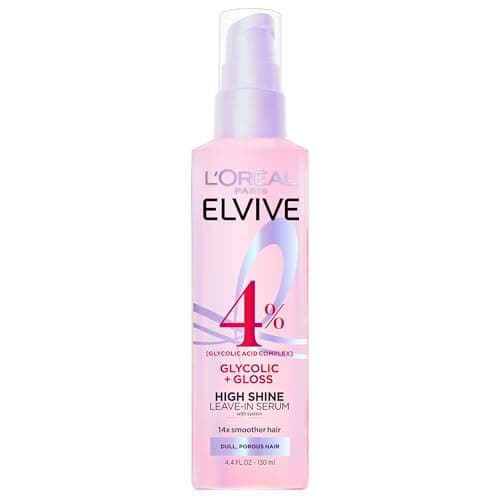 L'Oreal Paris Elvive Glycolic + Gloss High Shine Leave-In Hair Serum, Smooths Dull, Porous Hair Into High-Shine, Glossy Hair, 4.4 Fl Oz