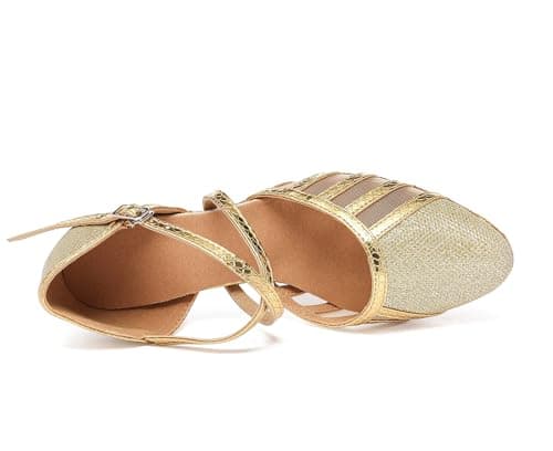 Minishion Women's T-Strap Dance Heels Glitter Salsa Ballroom Shoes Wedding Party Pumps, L2044 Gold 3.5cm Heel, 11 — view 5