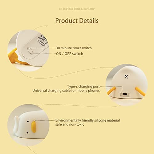 MUID Benson Lying Flat Duck Night Light, LED Squishy Duck Lamp, Cute Light Up Duck, Silicone Dimmable Nursery Nightlight, Rechargeable Bedside Touch Lamp for Breastfeeding, Finn The Duck. — view 5