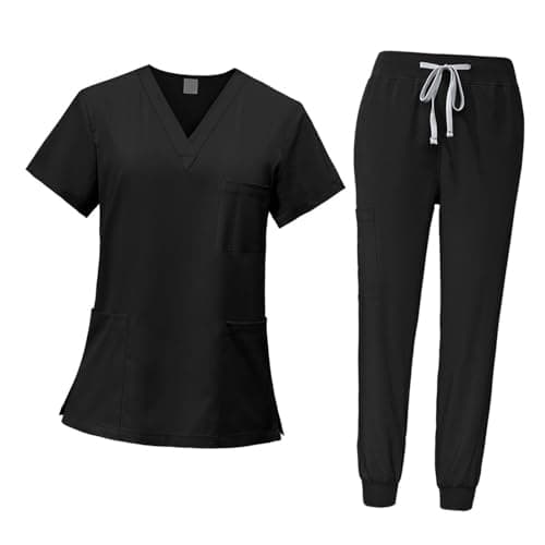 YIJU Female Scrub Set Nurse Workwear V Neckline Professional Machine Washable Top and Joggers Pant Work Clothing for Beauty Center, Black, L — view 6