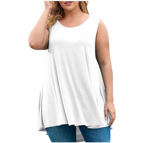 Womens Plus Size Tunic Tops Loose Fit Summer Casual Shirts Sleeveless Crewneck Flowy Blouses Wide Strap Camisole White