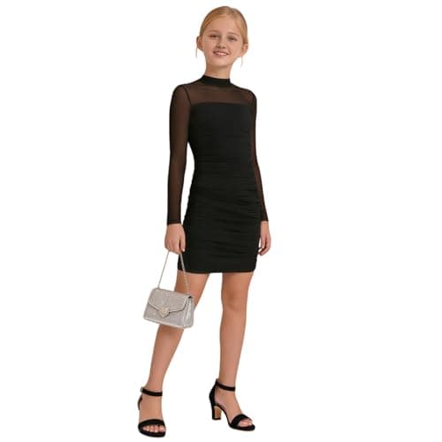 Noubeau Girls Long Sleeve Ruched Bodycon Dress Teen Tweens Formal Party Homecoming School Dance Short Fitted Dresses, Black, 14 Years — view 5