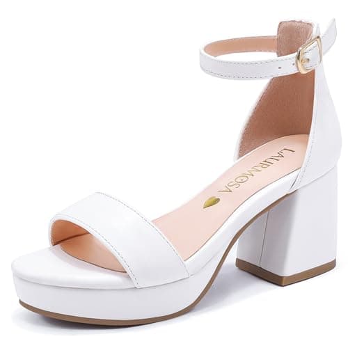 LAURMOSA Flower Girl Shoes Girls Dress Shoes White High Heels for Kids Dressy Sandals Size 4 Ankle Strap Open Toe Chunky White Heel Platform Pumps Wedding Church Party Big Kids (CAL1038PWhite 4)