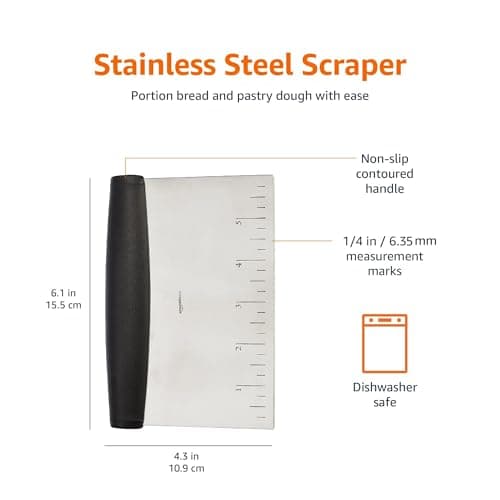 Amazon Basics Multi-Purpose Bench Scraper, Stainless Steel Dough Cutter with Measurement Marks, Dishwasher Safe, Non-slip Contoured Grip, 6", Black, Silver — view 5