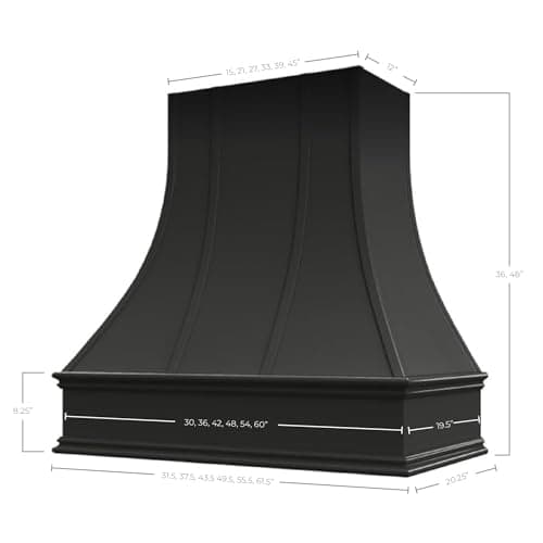 Riley & Higgs Black Wood Kitchen Range Hood Cover, Curved Front Wall Mount Vent Hood, Decorative Strapping & Classic Trim, Plywood with Maple, 31.5” W x 48” H — view 2