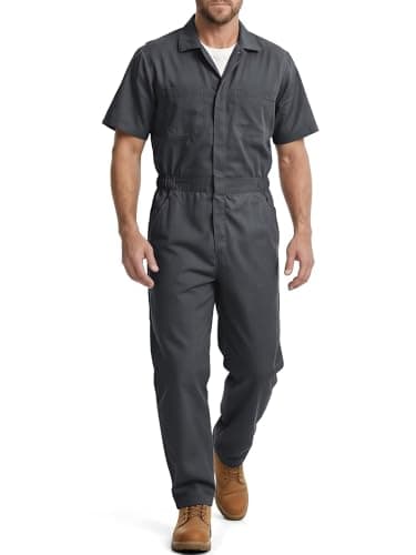 Coveralls for Men Short Sleeve, Cotton Blend Zipper Mechanic Jumpsuit Work with Multi Pockets Utilityl Uniform Fit
