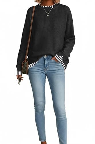Disamer Womens Sweaters Fall Clothes Fashion 2026 Cowboy Chic Knit Cozy Sweater School Teacher Outfits Long Sleeve Pullover,Striped Black,Medium