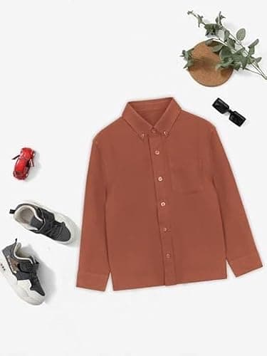 Haloumoning Boys' Long Sleeve Dress Shirts Classic Collared Button-Down Tshirt Solid Cotton Top with Chest Pocket, Brown, 6-7 Years — view 3