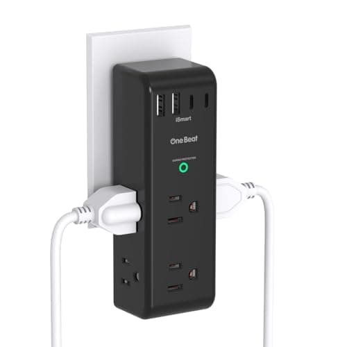 Surge Protector Outlet Extender - with Rotating Plug, 6 AC Multi Plug Outlet with 3 USB Ports (1 USB C), 1800 Joules, 3-Sided Swivel Power Strip with Spaced Outlet Splitter for Dorm, Office, Black
