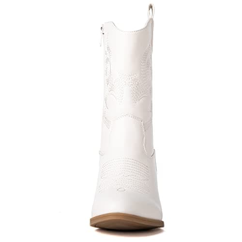GLOBALWIN Women's Mid Calf The Western Cowgirl Boots Fashion Cowboy Boots For Women Chunky Low Heel, 19yy17 White, 10 — view 3