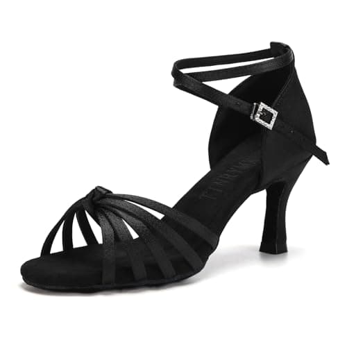 TINRYMX Women's Latin Dance Shoes Satin Ballroom Salsa Cha-cha Professional Practice Dance Shoes,EM217-Black-2.75 Inch,5 US