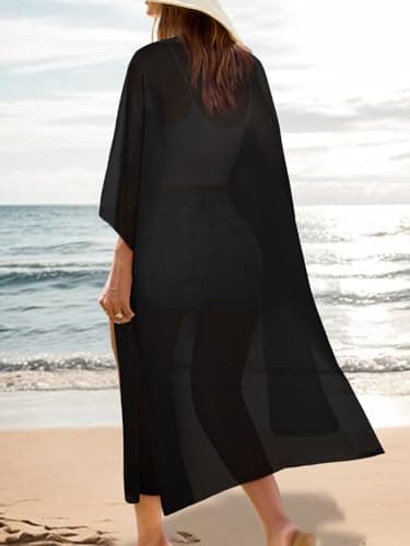 MayBuy Women's Summer Long Flowy Kimono Cardigans Boho Chiffon Beach Cover Up Tops, 002 Black, Large — view 4