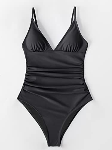 CUPSHE Women's One Piece Swimsuit Tummy Control V Neck Bathing Suits, Black, Large — view 4