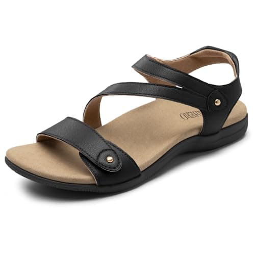 Rihero Women's Black Flat Orthopedic Sandals with Arch Support Size 9