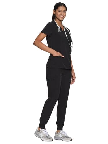 COZYFIT Scrubs for Women Set - Stretch V-Neck Scrub Top & Jogger Pant with 10 Pockets, Yoga Waistband, Anti Wrinkle, Slim Fit Women Scrubs - Black, M — view 3