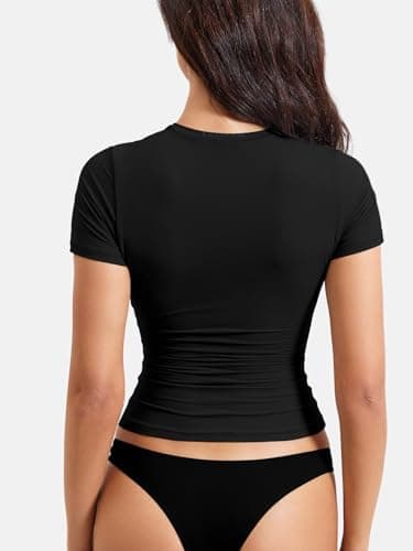 YEOREO Women's Double Lined Fitted Basic Tops Casual Short Sleeve Crew Neck T Shirt Sweeney Y2K Going Out Tee Tops Black- M — view 3