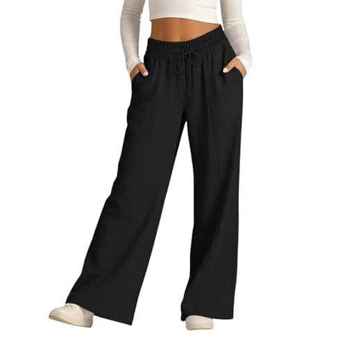 Rseomihvy Women's Cotton Linen Pants Summer Straight Wide Leg Trousers Drawstring Elastic Waist Loose Beach Vacation Outfits Black — view 6