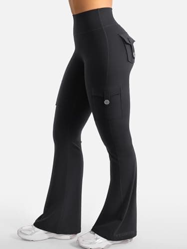 YEOREO CoreFlex Women Workout Flare Leggings with Pockets Hidden Scrunch High Waisted Cargo Gym Yoga Leggings Black XL — view 4