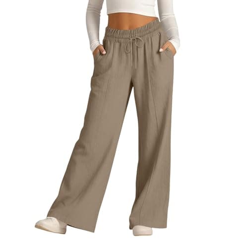 Rseomihvy Women's Cotton Linen Pants Summer Straight Wide Leg Trousers Drawstring Elastic Waist Loose Beach Vacation Outfits Khaki — view 6