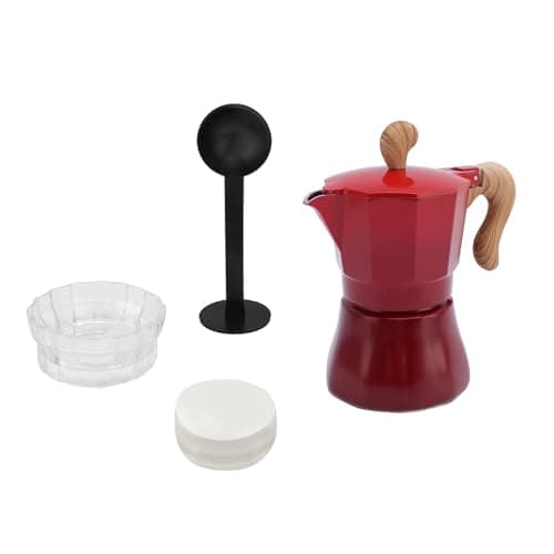 Jiawu Italian Coffee Pot 150ml Compact Design Coffee Maker for Personal Use 3 Cups with Filter and Spoon (Red)