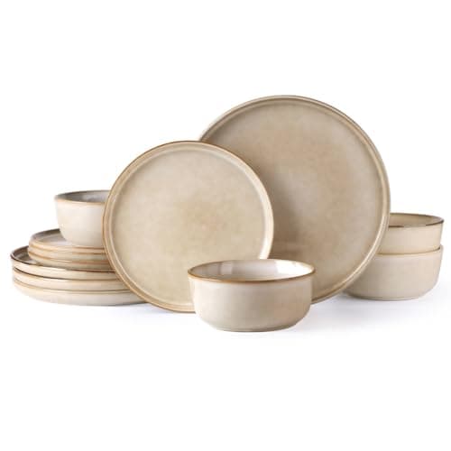 AmorArc Stoneware Dinnerware Sets,Round Reactive Glaze Plates and Bowls Set,Highly Chip and Crack Resistant | Dishwasher & Microwave Safe Dishes Set,Service for 4 (12pc)