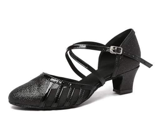 Minishion Women's T-strap Dance Heels Glitter Salsa Ballroom Shoes Wedding Party Pumps, L2043 Black 5cm Heel, 8