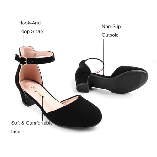 Wulubaba Girls Dress Shoes Closed Toe, High Chunky Kids Heels for Girls, Ankle Strap Wedding Party Pump Flower Girl Shoes, Nubuck Black Size 3 — view 4