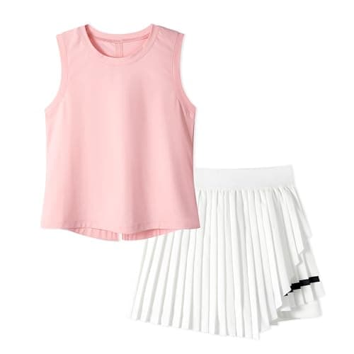 Rolanko Girls Tennis Skirt Set, UPF 50+ Tank Top & Pleated Skort with Built-in Shorts and Pocket Kids 2 Piece Outfit (PinkWhite, 5-6 Years)