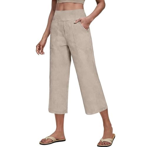 Women's Linen Capri Pants Straight Leg Dressy Slacks Elastic Waist Beach Capris High Waist Lounge Cropped Pants — view 4