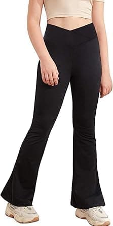 Haloumoning Girl's Leggings Cross High Waisted Flare Pants Yoga Bootcut Pants Solid Color Full Length Bell Bottoms, Black, 7-8 Years