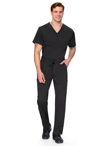 Scrubs for Men Set - V-Neck Scrub Top and Straight Leg Pants with 11 Pockets, Elastic Drawstring Men Scrubs set, Black, M — view 6